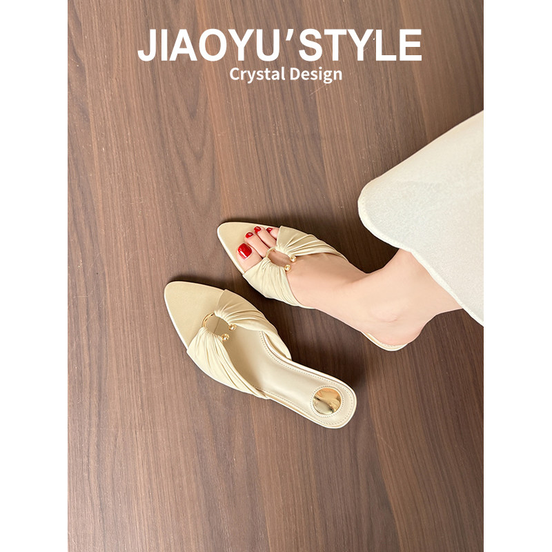 真皮~骄屿高跟凉鞋气质名媛尖头一字拖鞋女夏外穿配裙子细跟凉拖