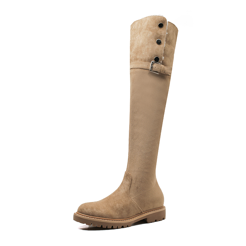 真皮~骄屿过膝靴棕色两穿长筒靴女2023秋冬加绒粗跟长靴骑士靴女 - 图3