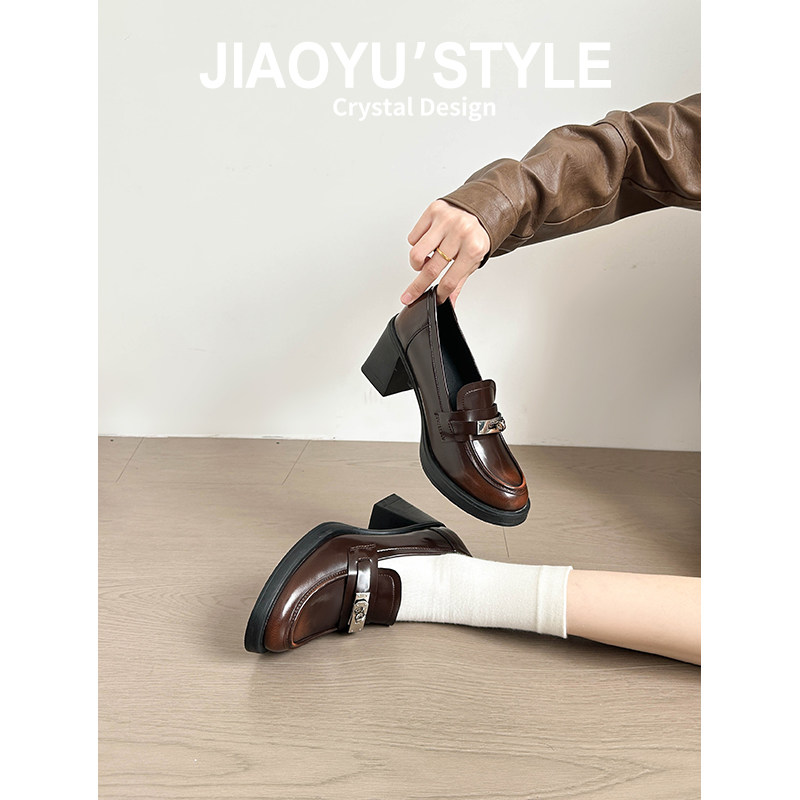 真皮~骄屿增高厚底乐福鞋粗高跟单鞋通勤一脚蹬英伦风锁扣小皮鞋,淘宝优惠券,粉丝福利购,淘宝优惠卷