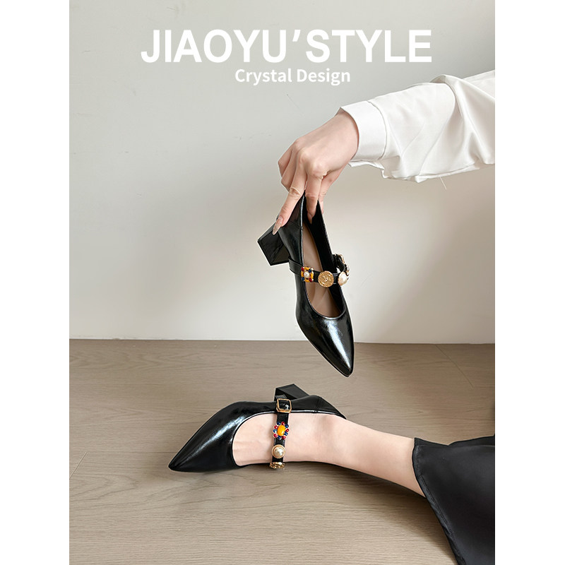 真皮~骄屿法式尖头玛丽珍鞋一字带复古百搭粗高跟鞋浅口通勤单鞋