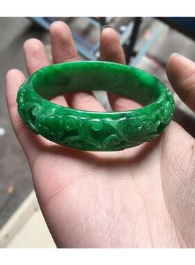 精品缅甸翡翠色干青铁龙生精雕花玉手镯祖母绿如意玉镯女款送母亲
