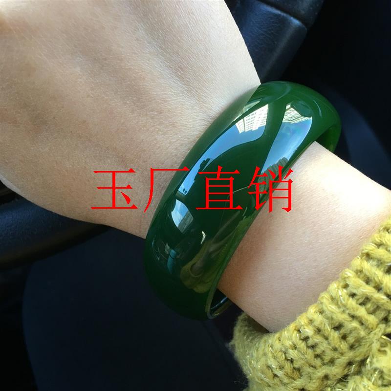 俄罗斯碧玉新坑料和田玉碧玉宽版轮胎手镯加厚菠菜绿高级感玉镯子