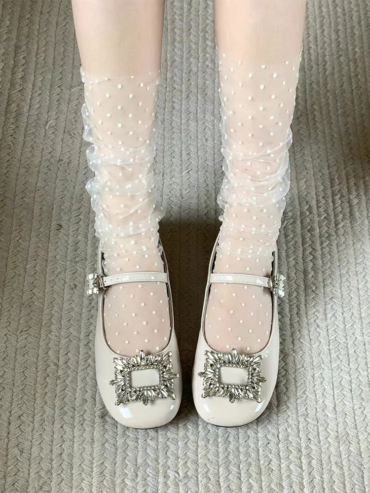 春夏韩版小圆点网纱堆堆袜中筒薄款波点透明蕾丝仙女袜子玛丽珍鞋 - 图3
