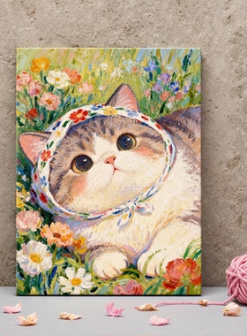 可爱萌系头巾小猫装饰摆画治愈趣味卧室客厅小众艺术壁挂画
