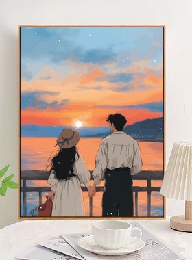 海边情侣浪漫夕阳背影挂画温馨客餐厅卧室床头装饰画情人节礼物