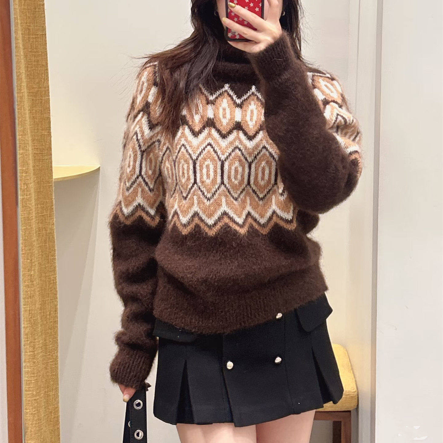 【现货】Rouje Life小众法式复古深棕色费尔岛风毛衣高领针织衫女,淘宝优惠券,粉丝福利购,淘宝优惠卷