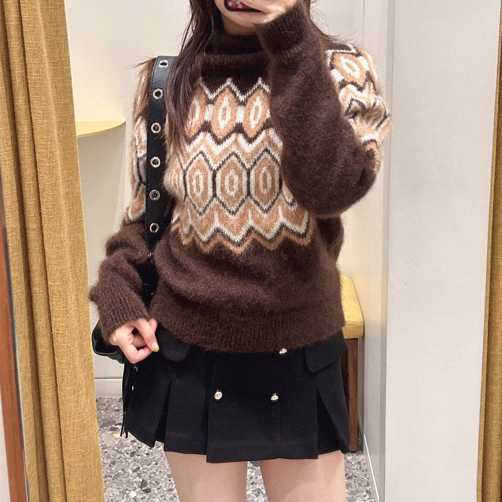 【现货】Rouje Life小众法式复古深棕色费尔岛风毛衣高领针织衫女,淘宝优惠券,粉丝福利购,淘宝优惠卷