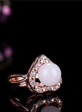 天然和田玉白玉戒指玫瑰金镶嵌活口戒圈简约大气玉石指环女款尾戒