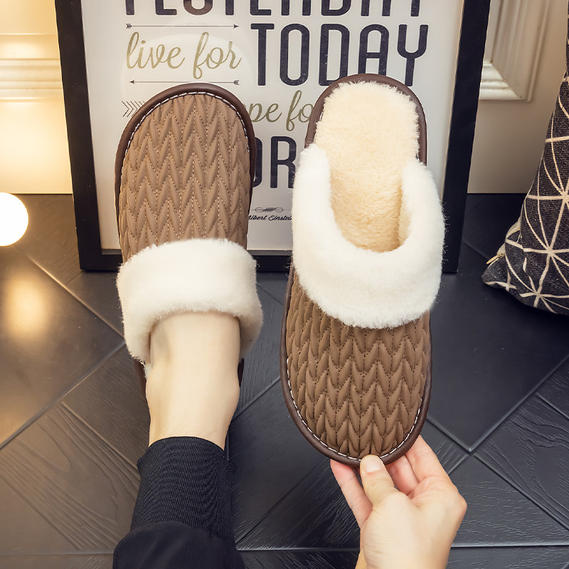 居家秋冬季室内保暖男女情侣加厚毛毛绒皮面防水防滑月子棉拖鞋女,淘宝优惠券,粉丝福利购,淘宝优惠卷