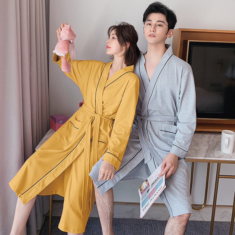 白色男女纯棉长袖春秋宽松长款睡袍 达尔爽睡衣/家居服套装