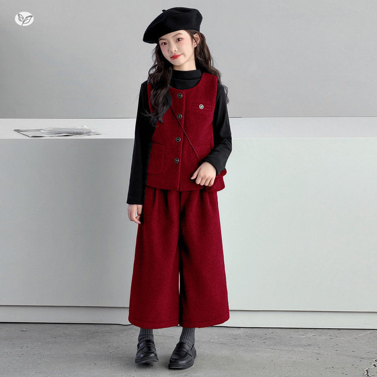 女童毛呢套装2025年秋冬新款韩系马甲阔腿裤三件套中大童时髦冬装,淘宝优惠券,粉丝福利购,淘宝优惠卷