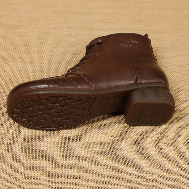 加绒妈妈鞋冬季棉鞋复古粗跟牛皮小短靴中跟低跟新款真皮马丁靴女,淘宝优惠券,粉丝福利购,淘宝优惠卷