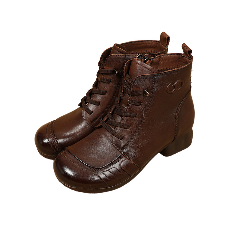 加绒妈妈鞋冬季棉鞋复古粗跟牛皮小短靴中跟低跟新款真皮马丁靴女,淘宝优惠券,粉丝福利购,淘宝优惠卷