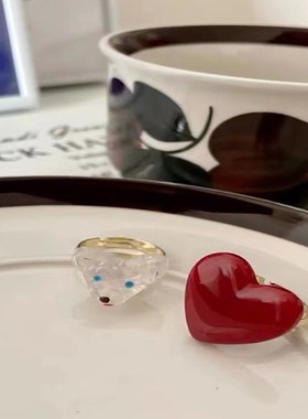 欧美Simple red love female light luxury bear adjustable ring