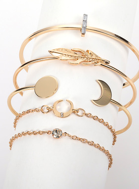 金色开口手镯合金5件套欧美女