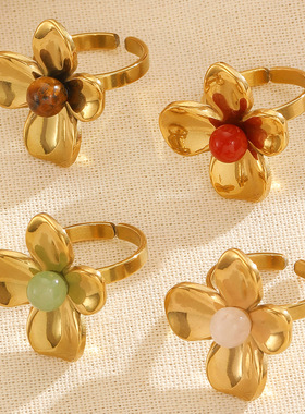 Exquisite design open ring with flowers and natural stone女