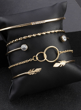 简约树叶镶钻手镯圆圈麻手链