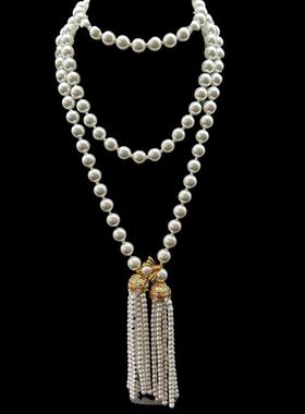 花阁原创优雅项链扣中古腰链毛衣链气质Vintage珍珠蜜蜂珍珠流苏