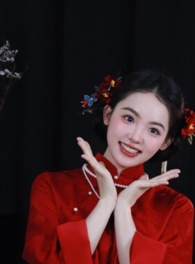新中式红色花朵流苏发簪女结婚头饰晨袍配饰簪子国风新年头饰古风