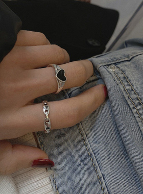 复古简约冷淡风黑色爱心食指戒指