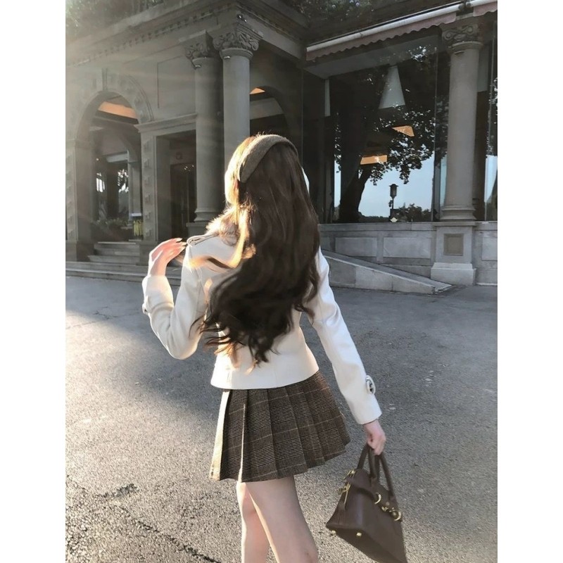 秋冬新款气质英伦风高级感套装小香风双排扣外套高腰百褶裙两件套,淘宝优惠券,粉丝福利购,淘宝优惠卷