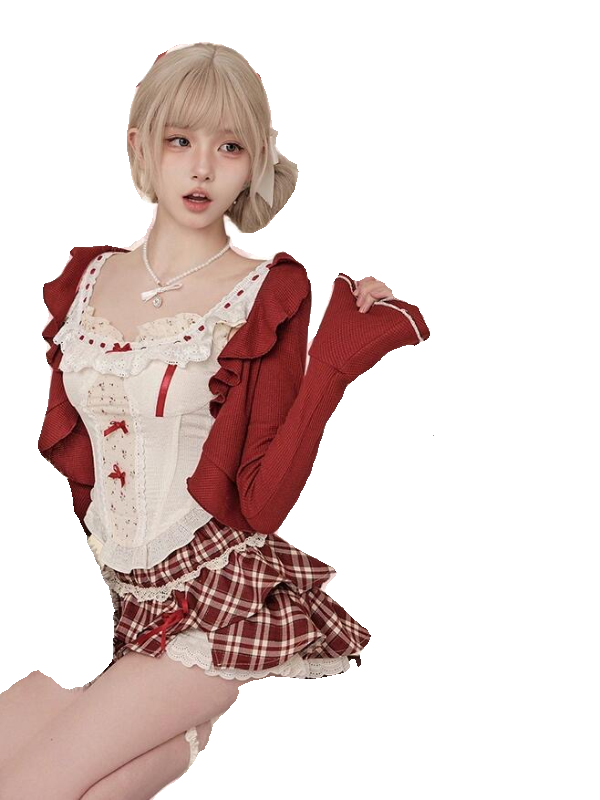 学院风复古可爱少女夏季套装女红色开衫+背心上衣+高腰蛋糕裙套装,淘宝优惠券,粉丝福利购,淘宝优惠卷