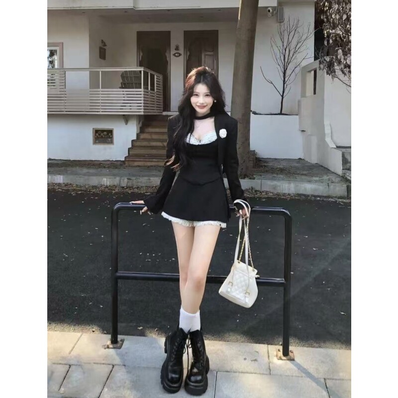 法式气质御姐风西装套装黑色高级感开衫外套吊带上衣半身裙三件套,淘宝优惠券,粉丝福利购,淘宝优惠卷