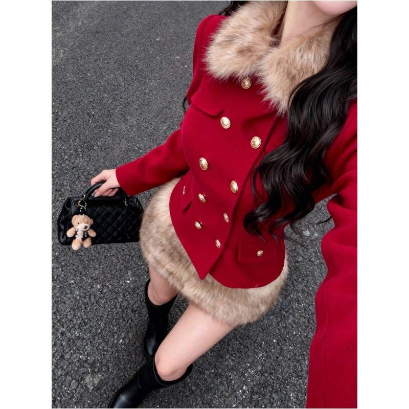 复古红色小香风高级感套装千金感新年战袍毛呢外套半身裙两件套女,淘宝优惠券,粉丝福利购,淘宝优惠卷