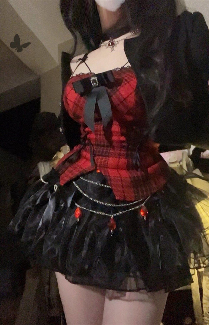 复古辣妹格纹抹胸气质西装外套女小香风高腰性感蓬蓬短裙秋冬套装,淘宝优惠券,粉丝福利购,淘宝优惠卷