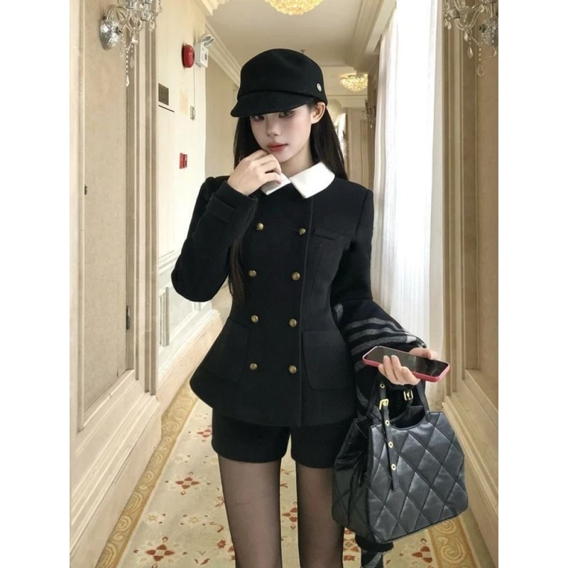 冬季千金感韩系学院风黑色双排扣毛呢收腰外套修身短裤气质两件套,淘宝优惠券,粉丝福利购,淘宝优惠卷