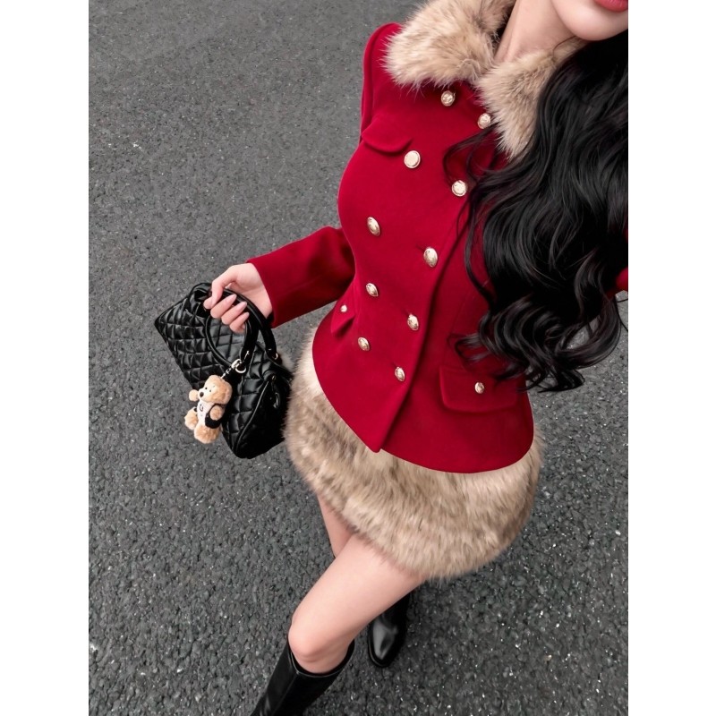 复古红色小香风高级感套装千金感新年战袍毛呢外套半身裙两件套女,淘宝优惠券,粉丝福利购,淘宝优惠卷