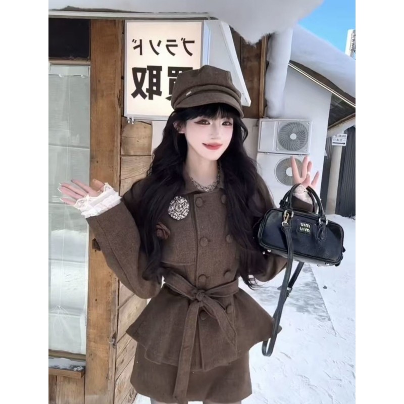 法式英伦风复古小香风套装毛呢棕色双排扣拼接斗篷外套半身裙套装,淘宝优惠券,粉丝福利购,淘宝优惠卷