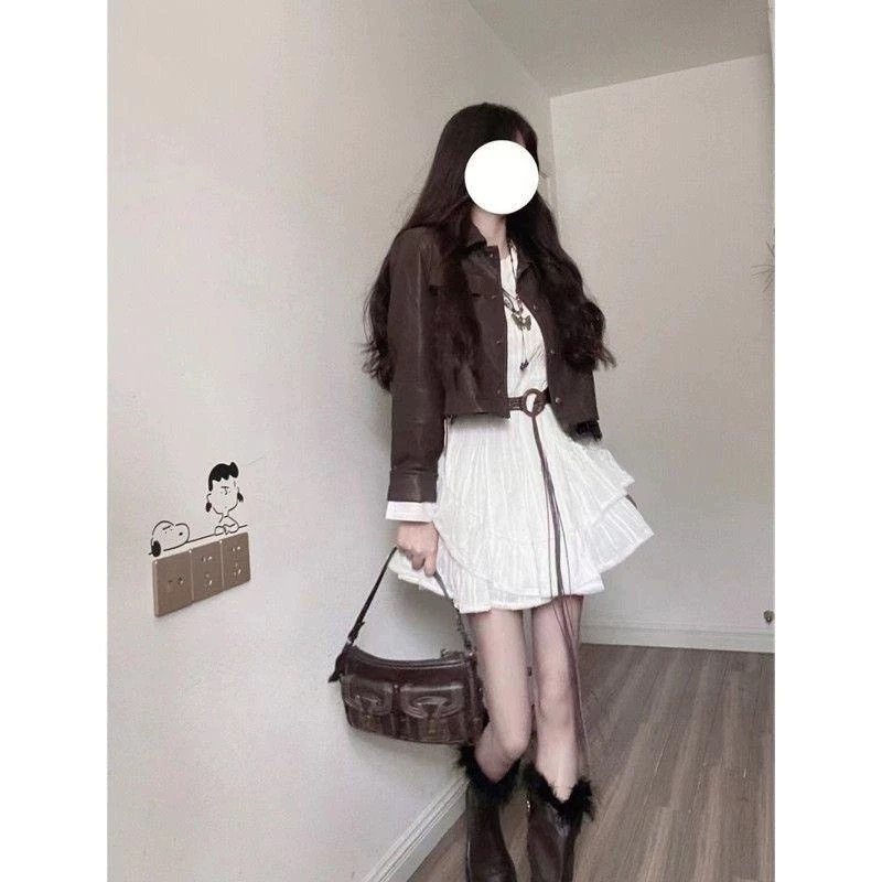 美式经典复古机车棕色百搭皮克外套+温柔风初恋感收腰小白裙套装,淘宝优惠券,粉丝福利购,淘宝优惠卷