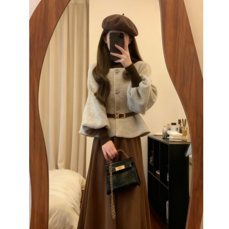 法式轻奢风高级感穿搭棕色复古打底衣名媛小香外套中长裙三件套女,淘宝优惠券,粉丝福利购,淘宝优惠卷