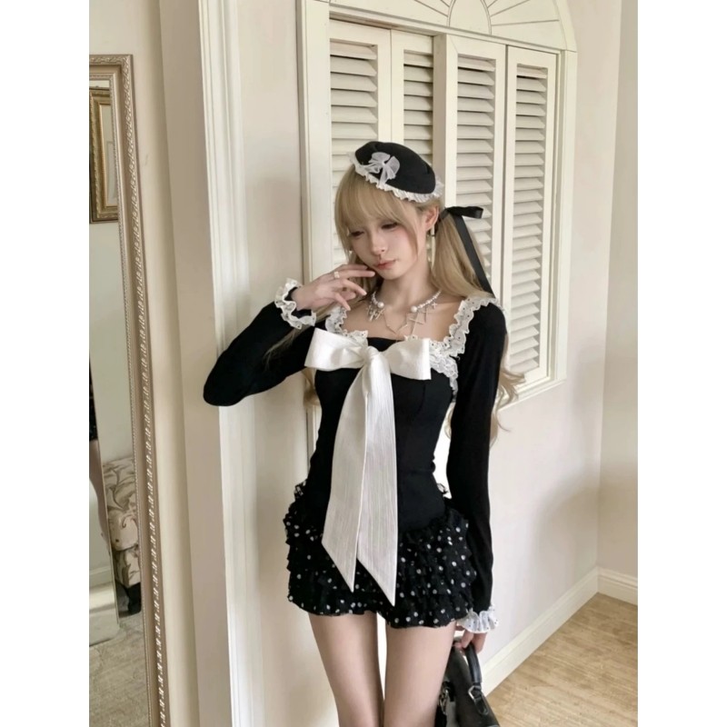 早秋纯欲风辣妹蕾丝蝴蝶结重新黑色显瘦上衣波点蛋糕裙裤两件套女,淘宝优惠券,粉丝福利购,淘宝优惠卷