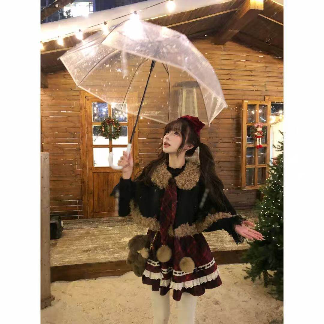 冬日少女感洋装Lolita裙圣诞节毛绒外套拼接红色假两件格纹连衣裙,淘宝优惠券,粉丝福利购,淘宝优惠卷