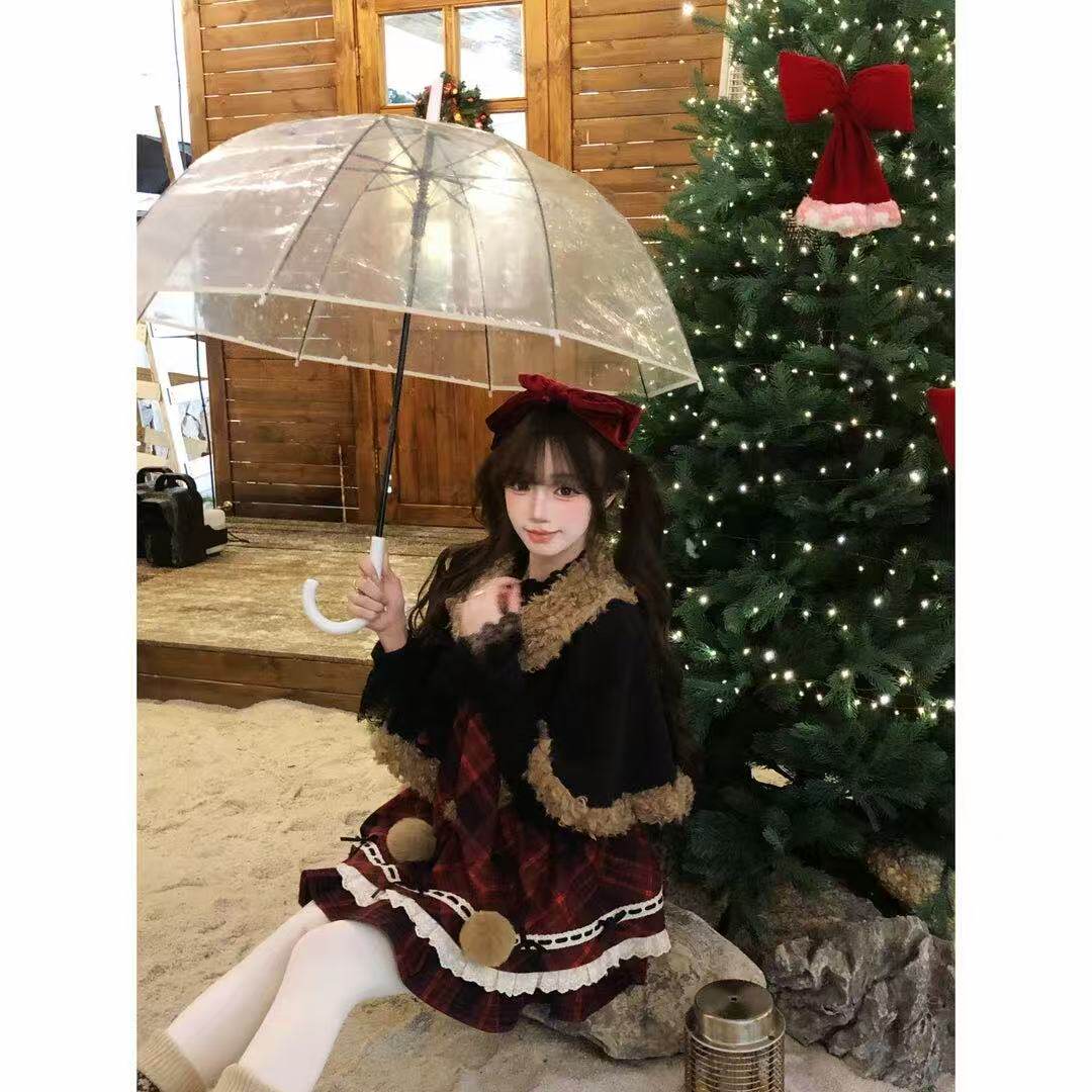 冬日少女感洋装Lolita裙圣诞节毛绒外套拼接红色假两件格纹连衣裙,淘宝优惠券,粉丝福利购,淘宝优惠卷