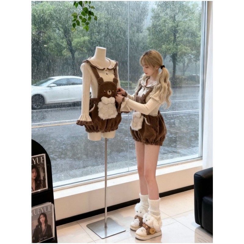 秋季新款日系甜美可爱减龄套装娃娃上衣拼接小熊背带短裤两件套女,淘宝优惠券,粉丝福利购,淘宝优惠卷