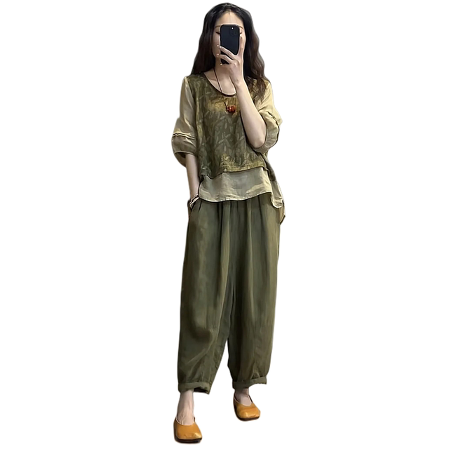 ສິ້ນຝ້າຍແລະ linen ປອມສອງສິ້ນແລະກາງເກງ harem slimming ຊຸດສອງສິ້ນ