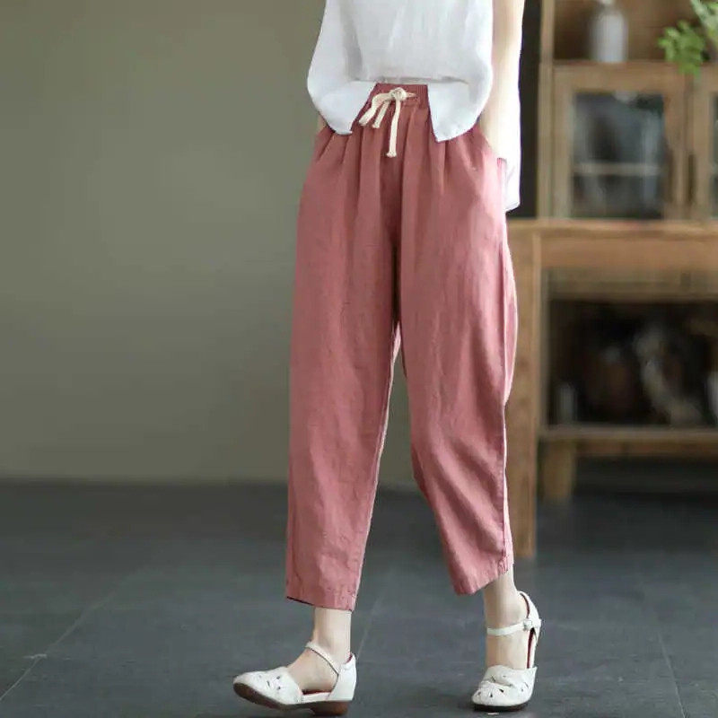 单/两件纯棉夏新款复古萝卜裤子女哈伦裤宽松纯色百搭休闲九分裤,淘宝优惠券,粉丝福利购,淘宝优惠卷