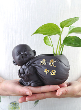 小和尚紫砂花器花瓶摆件