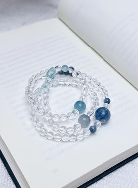 天然白水晶海蓝宝多圈手链女款新中式国风简约百搭显白礼物送女友