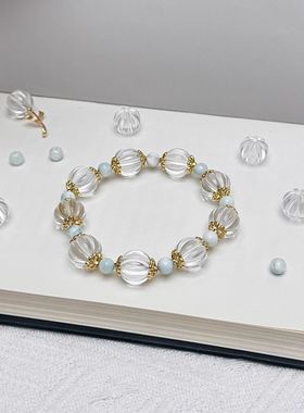 天然白水晶南瓜珠手链女款单圈时尚饰品礼物送女友闺蜜生日礼物