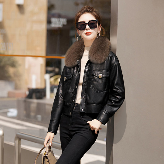 Fashionable motorcycle jacket plus fleece leather short jacket for women