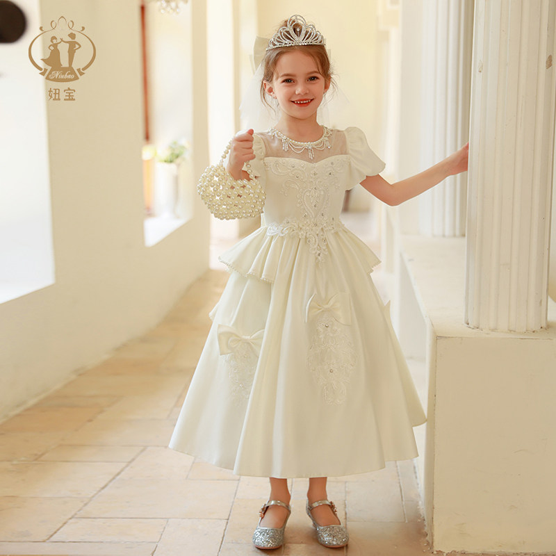 轻奢小众高端女童缎面礼服花童婚礼主持人生日钢琴演奏儿童演出服,淘宝优惠券,粉丝福利购,淘宝优惠卷