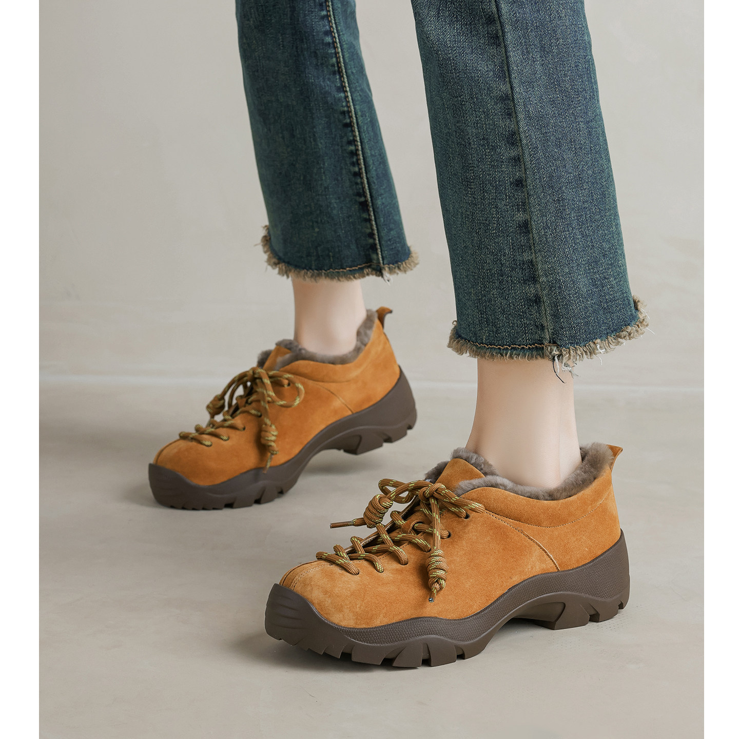 Kmeizu巨软~4.5cm厚底休闲德训鞋女加绒毛毛小皮鞋户外登山雪地鞋,淘宝优惠券,粉丝福利购,淘宝优惠卷