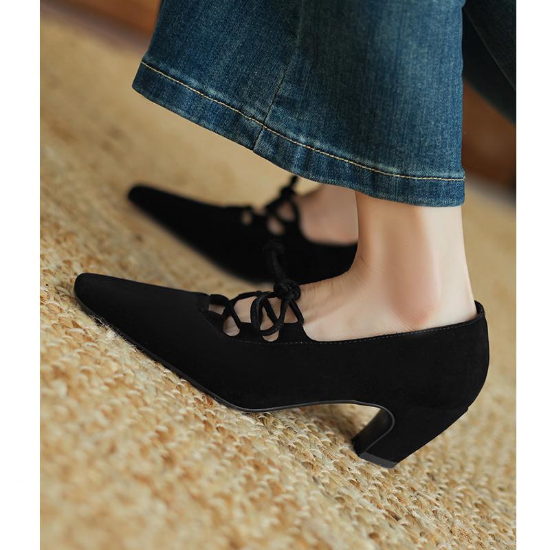 Kmeizu巨显瘦~法式小众系带单鞋女春5.5cm中跟方头新中式磨砂单鞋 - 图1