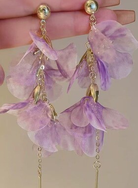 银针紫色花朵耳钉超仙绝美晕染花