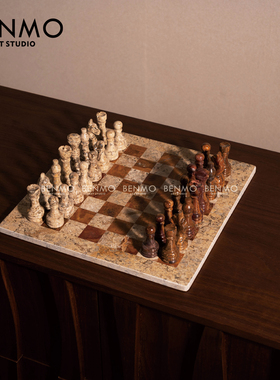 本墨 中古风玉石格子象棋摆件 样板房客厅茶几书房桌面软装布置