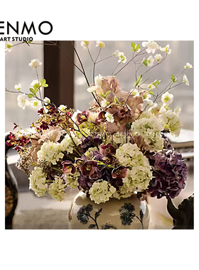 本墨 客厅茶几花艺组合摆件样板房桌面花艺青花瓷花器中古老钱风